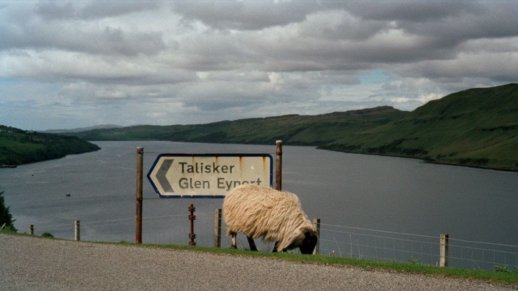 A scenic view of a river with rolling hills in the background, featuring a signpost indicating directions to Talisker and Glen Eyre, and a sheep grazing nearby.
