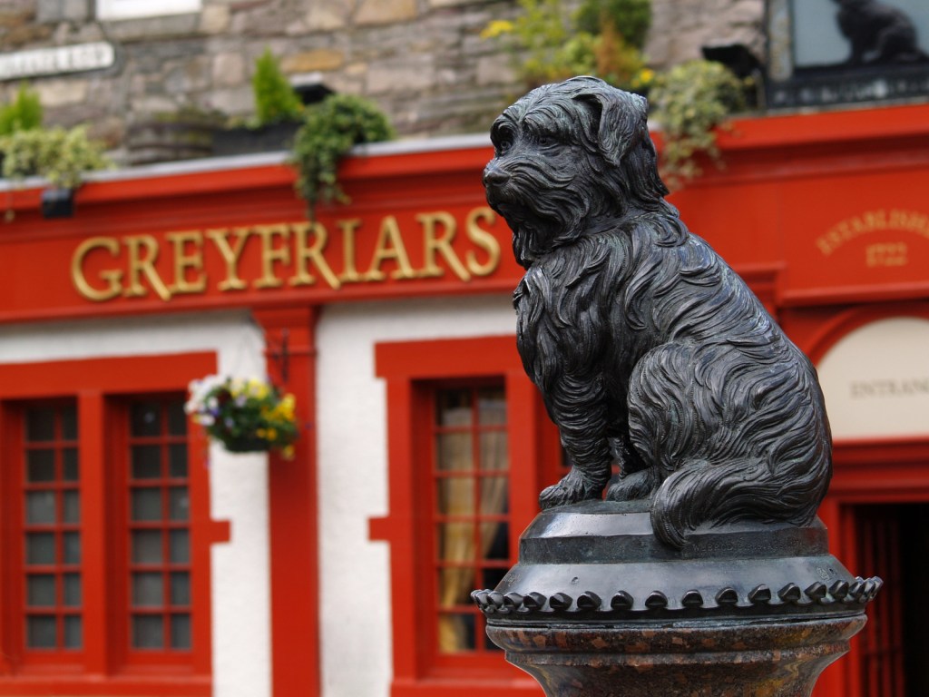 A close-up of the Greyfriars Bobby statue, a bronze dog perched on a pedestal, with a red pub named 'Greyfriars' in the background.