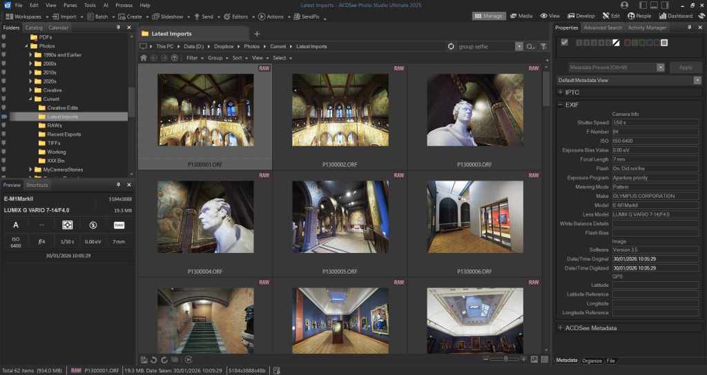 A software interface displaying a grid of image thumbnails with details on the left and metadata information on the right, showcasing various images in a photographic editing application.